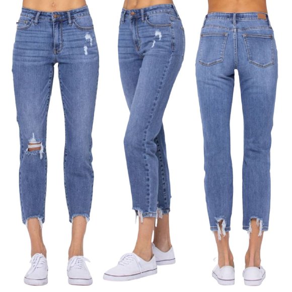 Judy Blue Mid Rise Destructed Hem Slim Fit Jeans - Picture 1 of 6